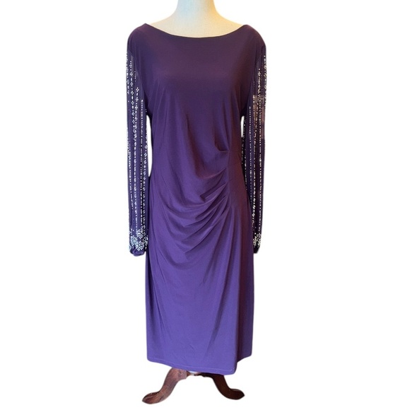 Marina Round Neck Beaded Lace Long Sleeve Side Drape Sheath Dress in Egg… - Picture 5 of 8